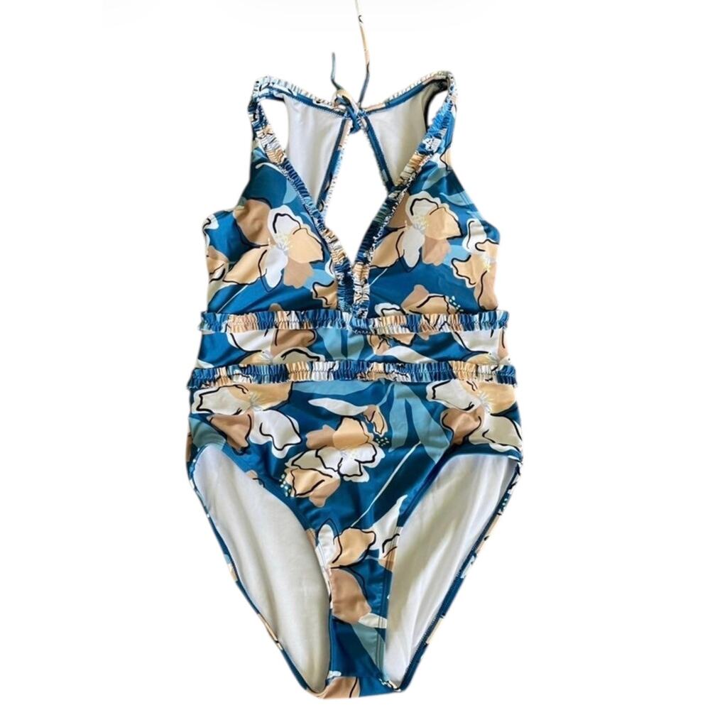 Graham Swim Women's Modest Blue V- Neck Floral One Piece Swimsuit- Size XL - Picture 1 of 6